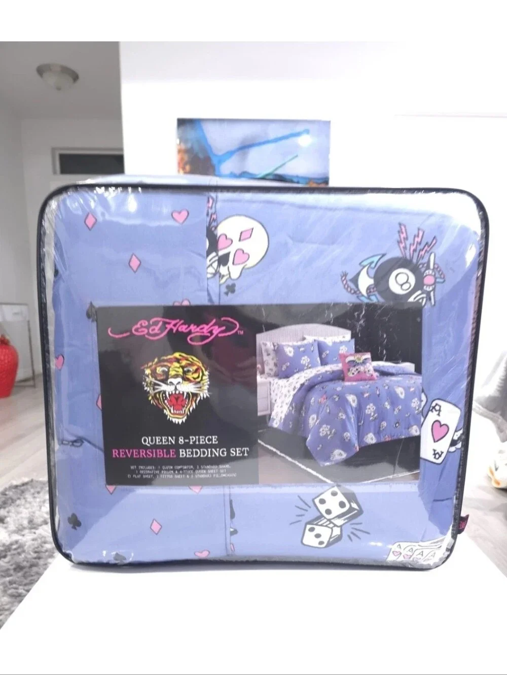 Ed Hardy Queen 8 Piece Cards Blue Purple Reversible Comforter Bedding Set New